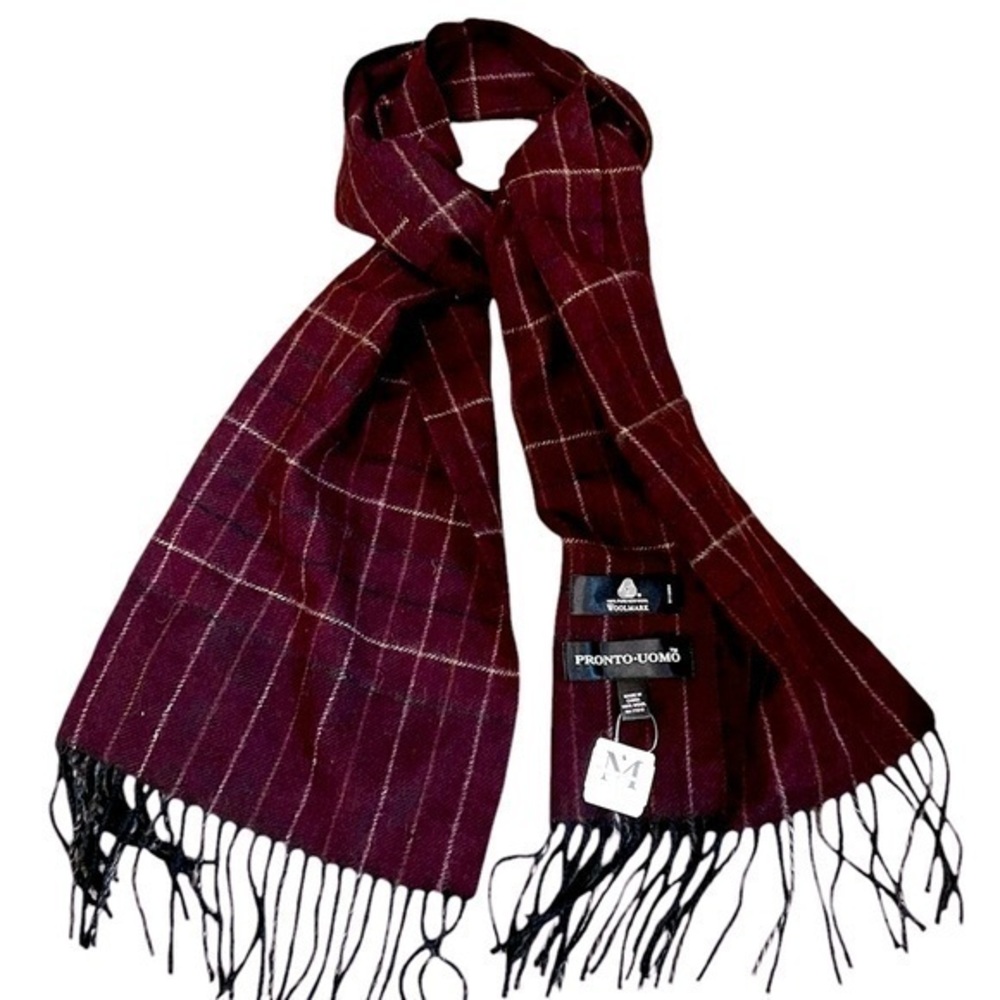NWT Pronto Uomo Fine 100% Wool Plaid Check Scarf, Maroon Ivory & Black